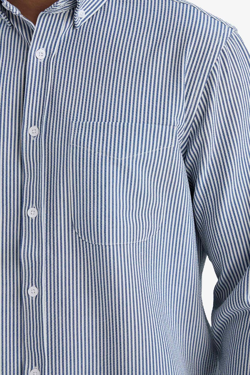 DeFacto Blue Man Regular Fit Polo Collar Crinkle Striped Shirt Casual - Image 5